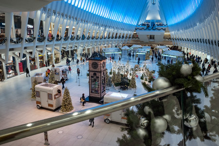 New York, December 2019: Christmas tree and holiday decorations in The Oculus transportation hub at...