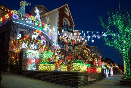 New York, USA, December 10, 2018: Christmas decorations of houses in the neighborhood of Dyker Heights, in southwest of Brooklyn, in New York. USAのeditorial素材