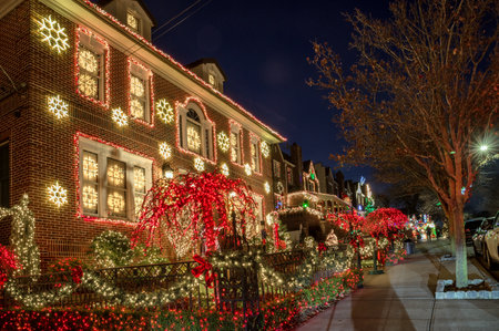 New York, USA, December 10, 2018: Christmas decorations of houses in the neighborhood of Dyker Heights, in southwest of Brooklyn, in New York. USAのeditorial素材