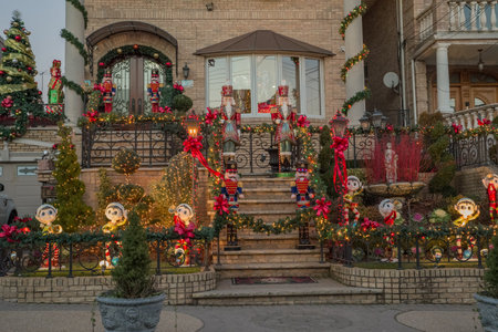 New York, USA, December 10, 2018: Christmas decorations of houses in the neighborhood of Dyker Heights, in southwest of Brooklyn, in New York. USAのeditorial素材