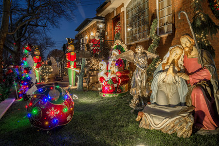 New York, USA, December 10, 2018: Christmas decorations of houses in the neighborhood of Dyker Heights, in southwest of Brooklyn, in New York. USAのeditorial素材