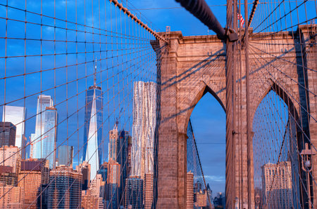 Brooklyn Bridge during sunrise in New York. USA