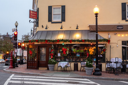 December 09, 2018- Brightly painted houses of Georgetown historic neighborhood of Washington DC, USA during christmas timeのeditorial素材