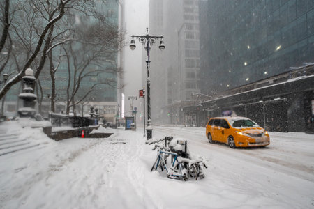 New York, NY USA - February 1, 2021: Snow storm on East Coast, New York City. Manhattan During Nor'easter Blizzardのeditorial素材
