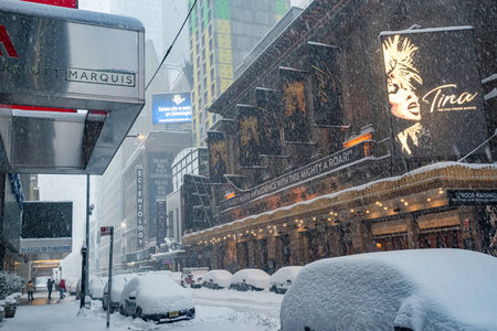 New York, NY USA - February 1, 2021: Snow storm on East Coast, New York City. Manhattan During Nor'easter Blizzardのeditorial素材