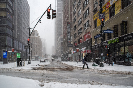 New York, NY USA - February 1, 2021: Snow storm on East Coast, New York City. Manhattan During Nor'easter Blizzardのeditorial素材
