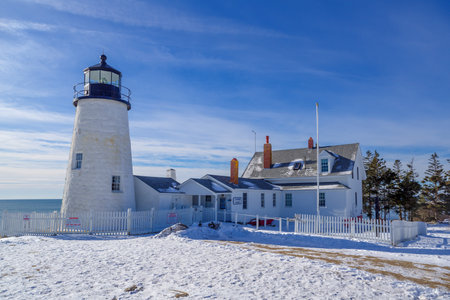 Maine, USA, - February 15, 2021: Pemaquid Point Lighthouse and Keepers House during winter, Maine, USAのeditorial素材