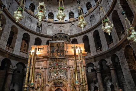 Jerusalem, Israel - May 4, 2019:: Interior of Church of the Holy Sepulcher, the greatest Christian shrine in the worldのeditorial素材