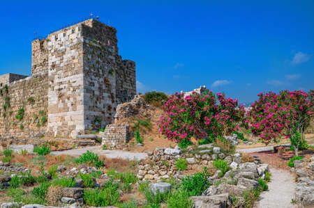Remains of crusader fortress and ancient ruins in Byblos, Lebanonの写真素材