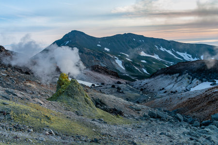 Mountain landscape at Paramushir Island, Karpinsky Volcano. Kuril Islands, Russia.の写真素材
