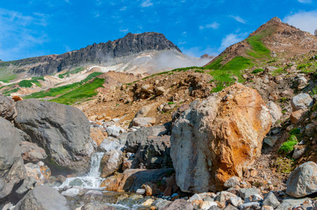 Mountain landscape at Paramushir Island, Kuril Islands, Russia.