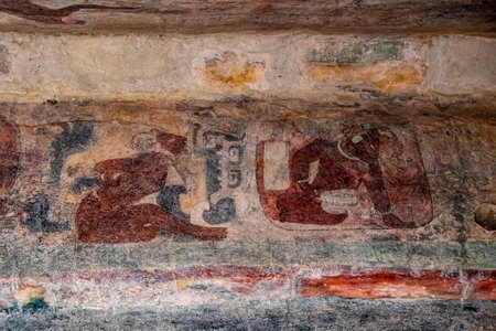 Bonampak, Chiapas, Mexico 21 December 2019: Ancient murals in Temple of Paintings of Bonampak, from Classic Maya period. The paintings show the story of Mayan life.のeditorial素材