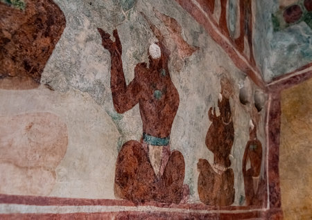 Bonampak, Chiapas, Mexico 21 December 2019: Ancient murals in Temple of Paintings of Bonampak, from Classic Maya period. The paintings show the story of Mayan life.のeditorial素材