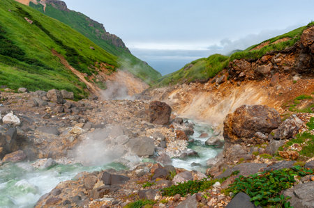 Mountain landscape at Paramushir Island, Kuril Islands, Russia. The Yurievskie hot springs.の写真素材