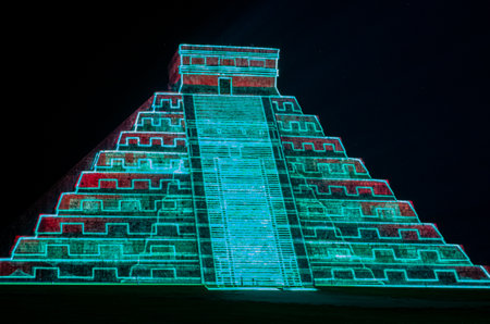 Chichen Itza, Mexico - October 25, 2016: Light show on mayan pyramid in Chichen Itza, Mexicoのeditorial素材