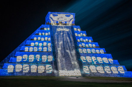 Chichen Itza, Mexico - October 25, 2016: Light show on mayan pyramid in Chichen Itza, Mexicoのeditorial素材