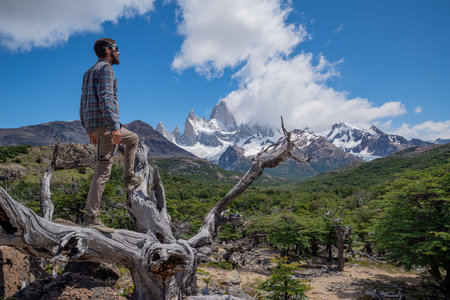 Hiker enjoy beautiful view of mountain landscape. Fitz Roy, Patagonia, Argentina.