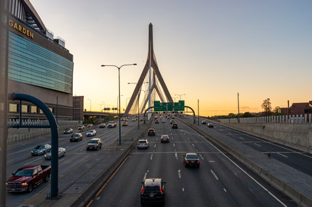Boston, MA, USA -August 7, 2016: Zakim Bunker Hill Memorial Bridge at sunset in Boston, Massachusetts, USAのeditorial素材