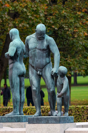 OSLO, NORWAY - SEPT 20:Statues in Vigeland park in Oslo, Norway on Sept 20, 2014. The most famous park in Norway created by sculptor Gustav Vigeland in the years 1907-1942.のeditorial素材