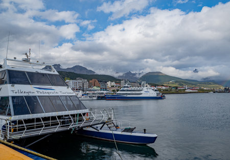 Ushuaia, Tierra del Fuego, Argentina - 19 January 2020. View of the port of Ushuaia, Tierra del Fuego, Patagonia, Argentinaのeditorial素材