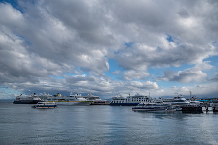 Ushuaia, Tierra del Fuego, Argentina - 19 January 2020. View of the port of Ushuaia, Tierra del...