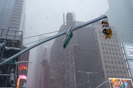 New York, NY USA - February 1, 2021: Snow storm on East Coast, New York City. Manhattan During Nor'easter Blizzardのeditorial素材