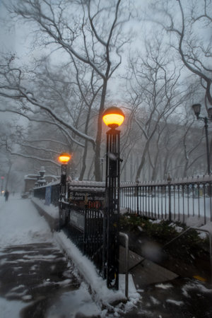 New York, NY USA - February 1, 2021: Snow storm on East Coast, New York City. Manhattan During Nor'easter Blizzardのeditorial素材