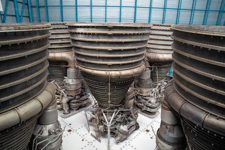Cape Canaveral, Florida, USA - December 2021: Detail of Apollo Saturn V Rocket at Kennedy Space...