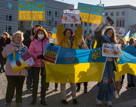 Berlin, Germany - 13.03.2022: Anti-war protest near Brandenburg Gate against Russian invasion of Ukraine.のeditorial素材