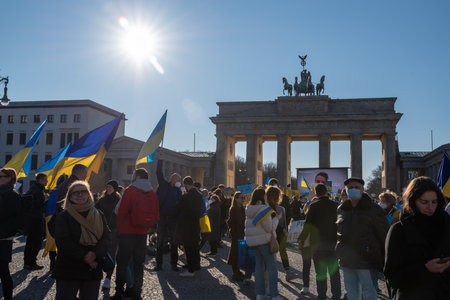 Berlin, Germany - 13.03.2022: Anti-war protest near Brandenburg Gate against Russian invasion of Ukraine.のeditorial素材