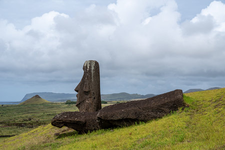 Moai statues at Rano Raraku Volcano at Easter Island, Rapa Nui National Park, Chileのeditorial素材