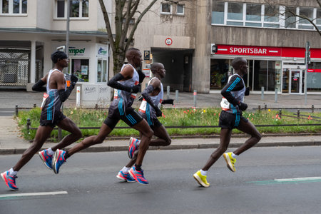 Berlin, Germany, April 3, 2022: Half Marathon in Berlin. Athletes run on Otto-Suhr-Allee,...