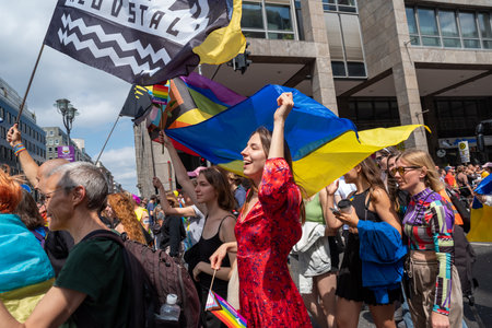 Berlin, Germany - July 23, 2022 - Christopher Street Day (CSD) in Berlin. Antiwar protest against Russian invasion of Ukraine.のeditorial素材