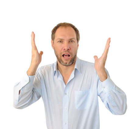 Portrait of the surprised man isolated on white backgroundの写真素材