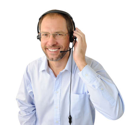 Portrait of phone operator isolated on white backgroundの写真素材