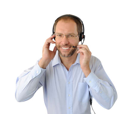 Portrait of phone operator isolated on white backgroundの写真素材
