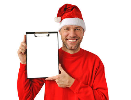 Smiling christmas man wearing a santa hat  isolated on the white backgroundの写真素材
