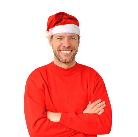Smiling christmas man wearing a santa hat  isolated on the white backgroundの写真素材