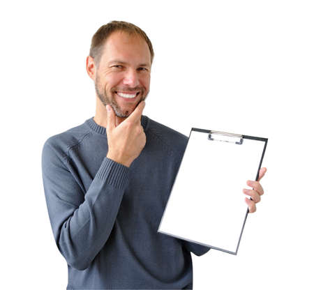 Smiling man in gray with a tablet isolated on white backgroundの写真素材