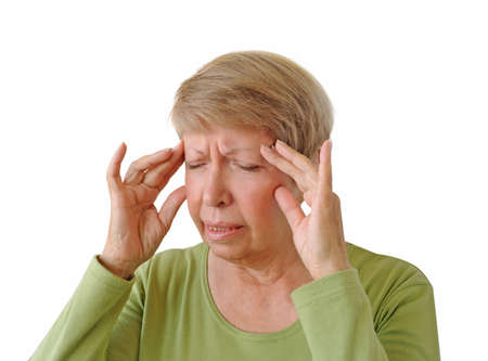 Old woman with a headache isolated on the white backgroundの写真素材
