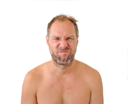 Squeamish men isolated on the white backgroundの写真素材