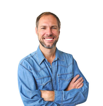 Smiling man in denim shirt isolated on the white backgroundの写真素材
