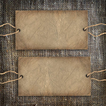 Background coffee texture vintage burlap  with cardboard labelの写真素材