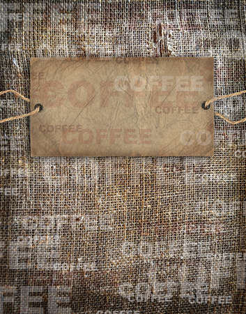 Background coffee texture vintage burlap with cardboard labelの写真素材