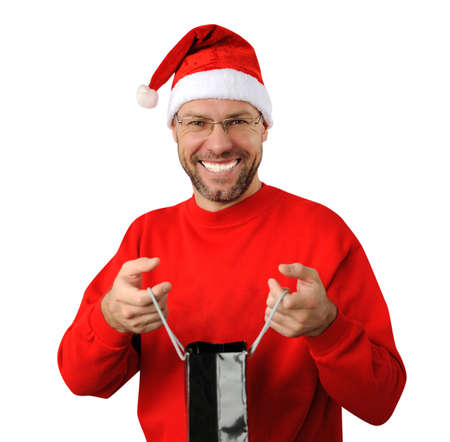 Smiling christmas man wearing a santa hat isolated on the white backgroundの写真素材