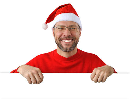 Smiling christmas man wearing a santa hat isolated on the white backgroundの写真素材