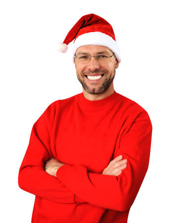 Smiling christmas man wearing a santa hat isolated on the white backgroundの写真素材