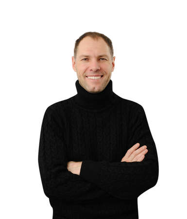 Smiling man in black isolated on the white backgroundの写真素材