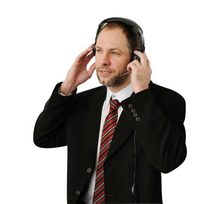 Man in suit with headset isolated on whiteの写真素材
