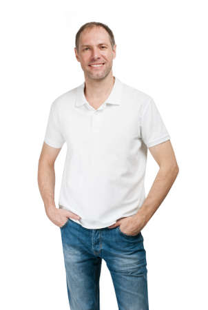 Smiling man in t-shirt isolated on white backgroundの写真素材